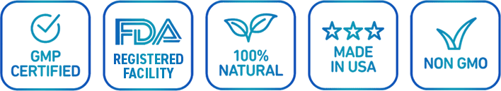 Quality and trust icons showing GMP certified, FDA registered facility, 100% natural, made in USA, and non-GMO