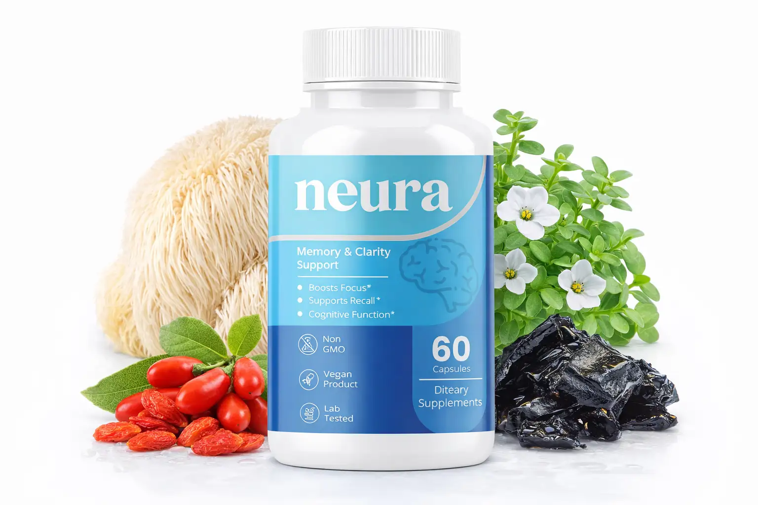 Neura memory and clarity supplement bottle with Lion’s Mane mushroom, goji berries, Bacopa monnieri, and Shilajit extract displayed around it